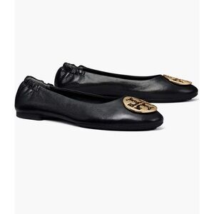 Tory Burch Black Claire Flats with Gold Emblem - size 6.5